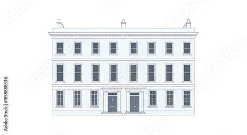 A minimalist vector illustration of a classic three-story building with a symmetrical facade
