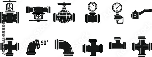 Plumbing pipe fittings silhouette icons, industrial valve illustration, pressure gauge design, piping system components, fluid transport equipment, plumbing technology concept