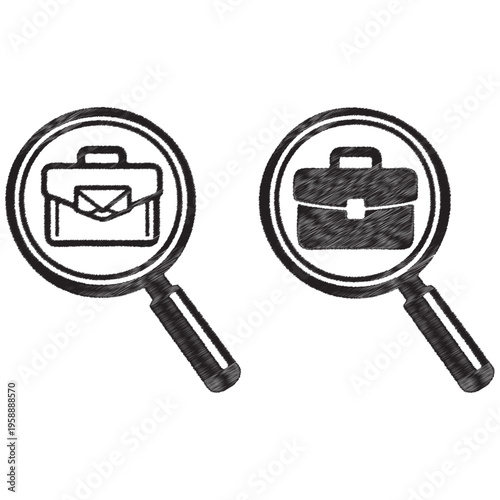 Two black briefcase inside magnifying glasses on white luggage search