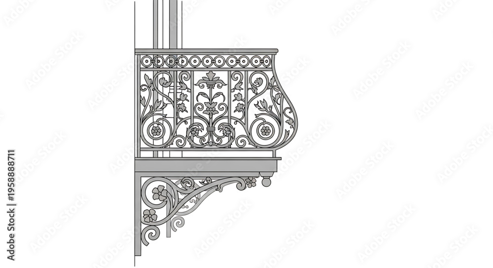 Obraz premium A detailed vector illustration of an ornate wrought iron balcony railing with floral patterns and scrollwork