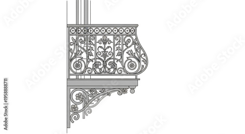 A detailed vector illustration of an ornate wrought iron balcony railing with floral patterns and scrollwork