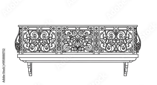 A detailed vector graphic illustration of an ornate wrought iron console table with intricate designs and a flat top, perfect for interior design and furniture decoration