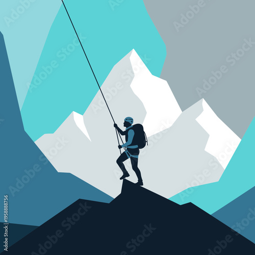 Adventurous Climber Ascending Majestic Snow-Capped Mountain Peaks