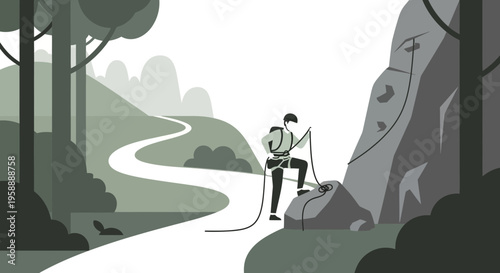 Adventurous Climber Ascends Rocky Mountain Peak In Scenic Landscape