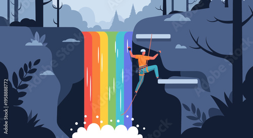 Adventurous Climber Ascends Rainbow Waterfall In Lush Forest