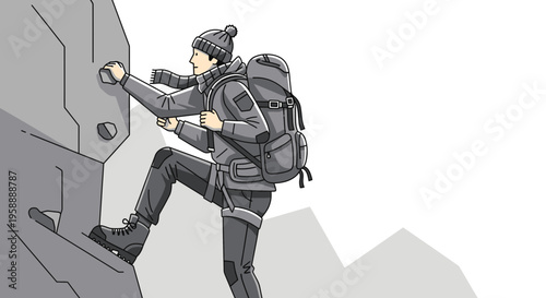 Adventurous Climber Ascends Rocky Summit in Winter Gear