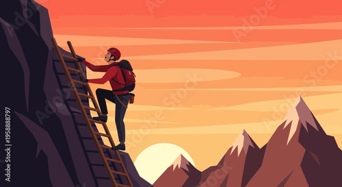 Adventurous Climber Ascends Steep Mountain Ladder Under Vibrant Sunset Sky