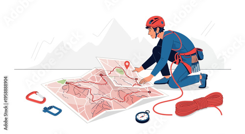 Adventurous Climber Planning Expedition Using Topographical Map and Equipment