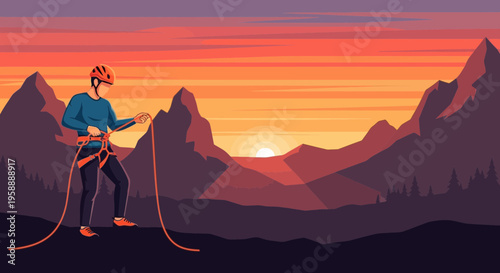 Adventurous Climber Prepares For Summit Ascent At Vibrant Sunset