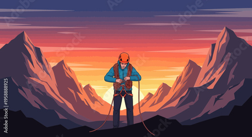 Adventurous Climber Prepares Gear Amidst Majestic Mountain Sunset