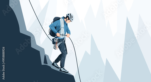 Adventurous Climber Rappels Down Steep Mountain Slope