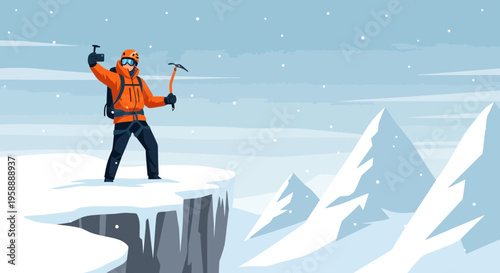 Adventurous Climber Stands Victorious On Snowy Summit Holding Ice Axe