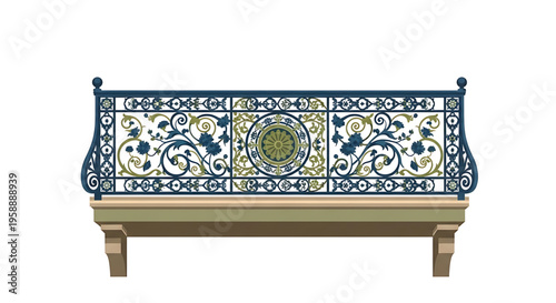 A beautifully designed ornate bench with intricate metalwork and decorative tiles