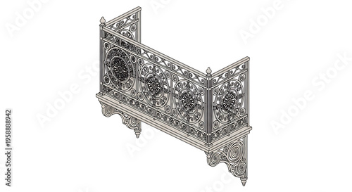 A detailed vector illustration of an ornate metal balcony railing with intricate designs and patterns.