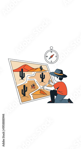 Adventurous Explorer Consulting Desert Map With Compass Finding Direction