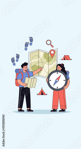 Adventurous Couple Navigating With Map And Compass Outdoors