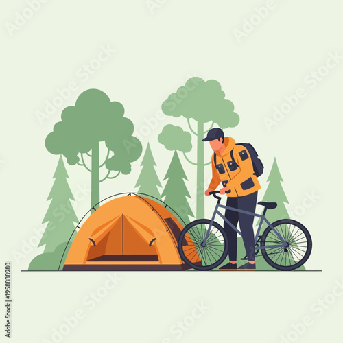 Adventurous Cyclist And Tent In Forest Camping Trip Outdoors