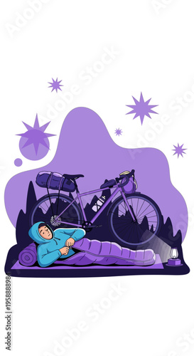 Adventurous Cyclist Camps Under Starry Sky