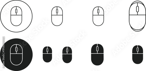 Set of black and white computer mouse icons and scroll wheel pointer symbols for website interface design and technology navigation