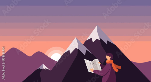 Adventurous Explorer Consulting Map Amidst Majestic Mountain Sunset