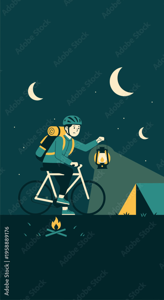 Naklejka premium Adventurous Cyclist Navigates Night Terrain With Lantern Near Campsite