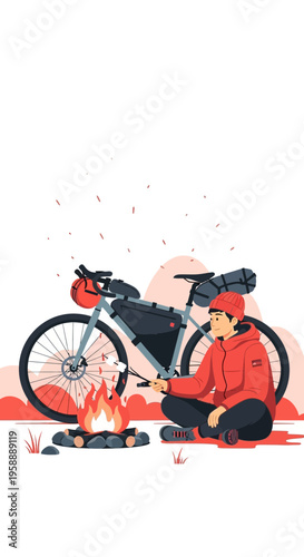 Adventurous Cyclist Enjoys Campfire Marshmallow Roasting During Solo Expedition Trip