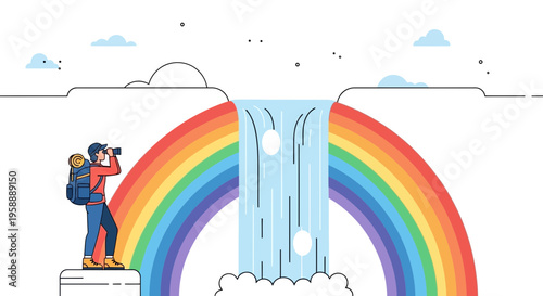 Adventurous Explorer Discovers Enchanting Waterfall Rainbow Vista