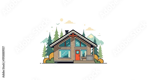 A cozy cabin nestled in a forest, surrounded by trees and mountains, depicted in a colorful vector illustration.