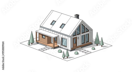 A modern house with a snow-covered roof and a wooden porch, surrounded by pine trees and rocks in a winter landscape, illustrated in a minimalist style.