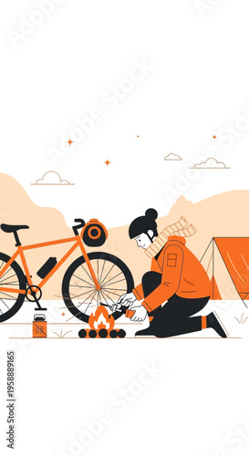 Adventurous Cyclist Ignites Campfire Under Scenic Outdoor Skies