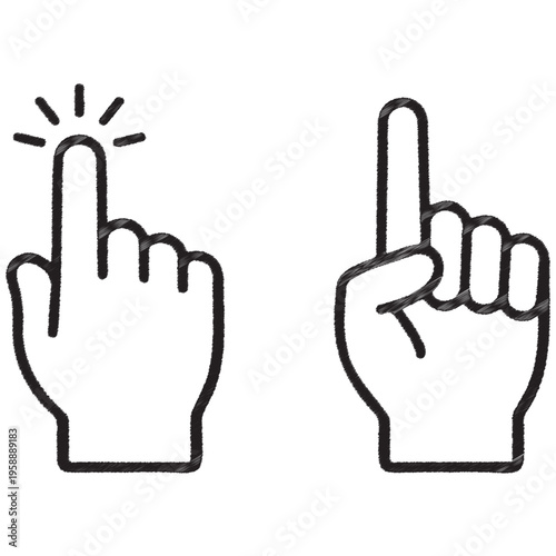 Two black hand one pointing finger with rays one index finger up