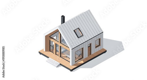 A modern house with a gray roof and wooden deck is shown in an isometric vector illustration.