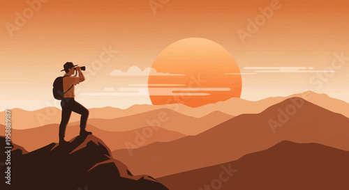 Adventurous Explorer Gazes At Distant Horizon During Sunrise Over Mountains