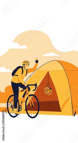 Adventurous Cyclist Pauses Near Tent Amidst Warm Outdoor Scenery