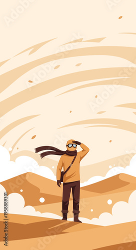 Adventurous Explorer Gazing Toward Distant Horizons In A Stylized Desert Landscape
