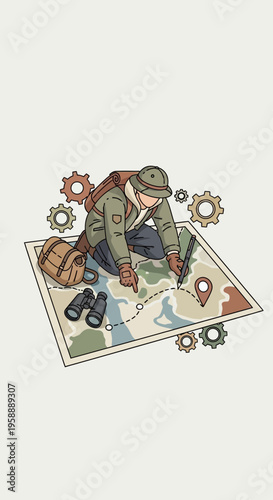 Adventurous Explorer Planning Expedition With Map And Tools