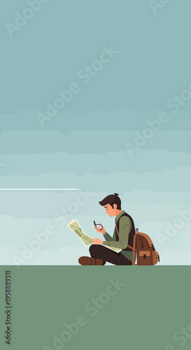 Adventurous Explorer Planning Expedition Using Map and Compass