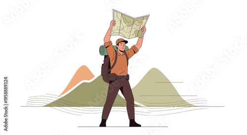Adventurous Explorer Holding Map Above Head Amidst Stylized Mountains