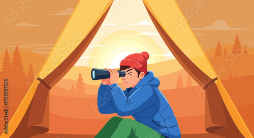 Adventurous Explorer Gazing Through Binoculars Into Sunrise Landscape
