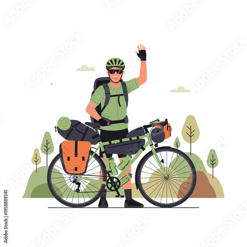 Adventurous Cyclist Waves Hello On Bicycle Tour Expedition