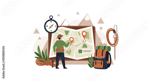 Adventurous Explorer Planning Mountain Trek With Compass And Backpack