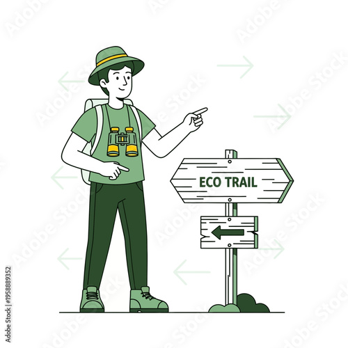 Adventurous Explorer Points Towards Eco Trail Adventure and Nature Exploration