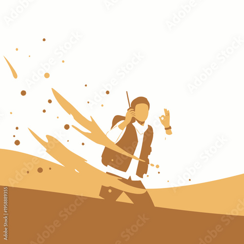 Adventurous Desert Explorer Communicating During Sandstorm Expedition Survival