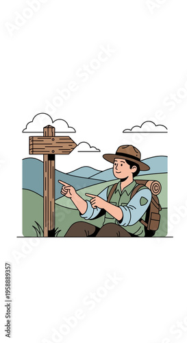 Adventurous Explorer Points Towards the Path On Scenic Trail Landscape