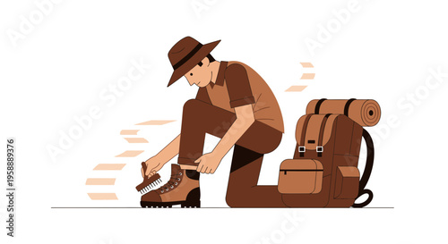 Adventurous Explorer Prepares Hiking Boots Before Trekking Expedition