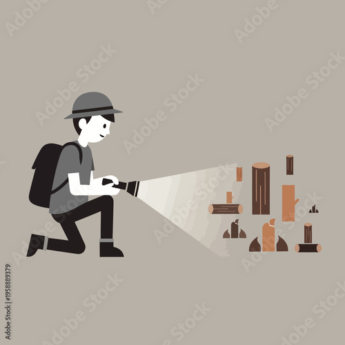 Adventurous Explorer Investigating Forest Discoveries with Illuminated Object