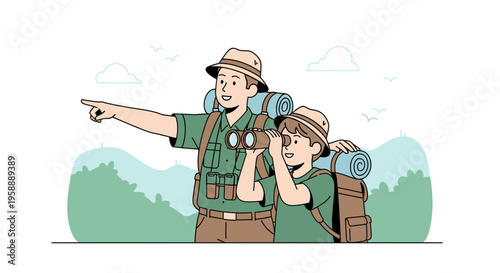 Adventurous Duo Exploring Scenic Wilderness With Binoculars and Backpacks