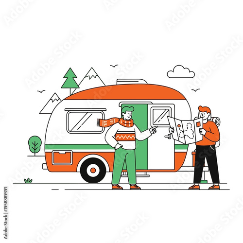 Adventurous Duo Navigates With Camper Van And Map Outdoor Exploration