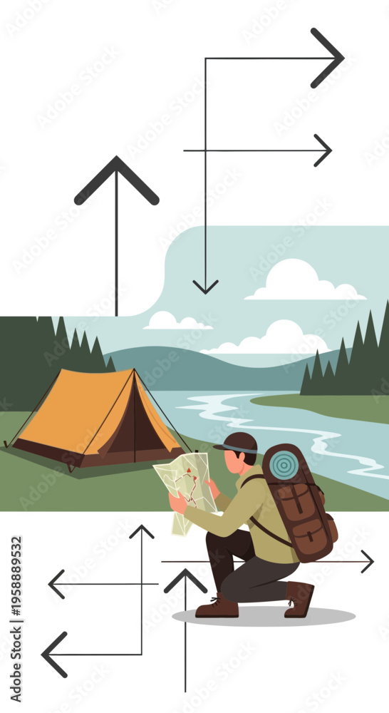 Fototapeta premium Adventurous Explorer Navigates Wilderness With Map And Tent