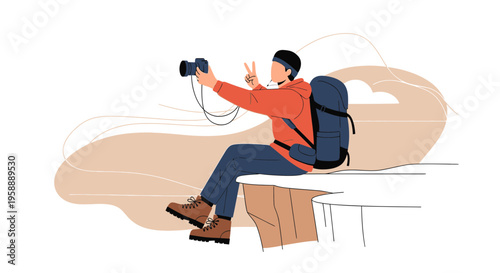 Adventurous Explorer Captures Scenic Views With Camera On Mountain Edge